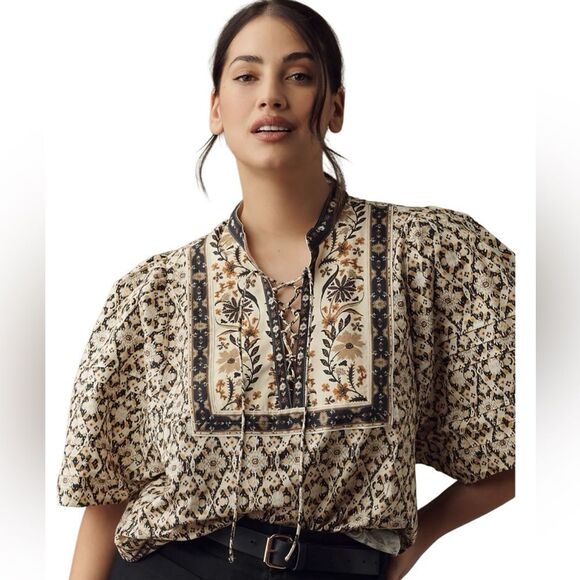 Anthropologie Puff-Sleeve Tie Neck Blouse - Picture 5 of 11